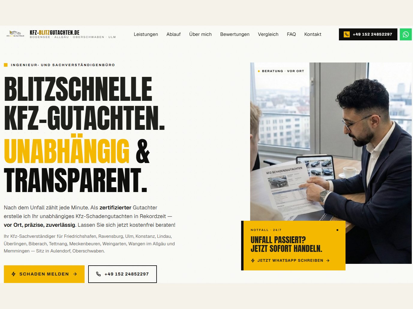 Screenshot der Startseite von kfz-blitzgutachten.de — Headline „Blitzschnelle KFZ-Gutachten. Unabhängig & transparent.